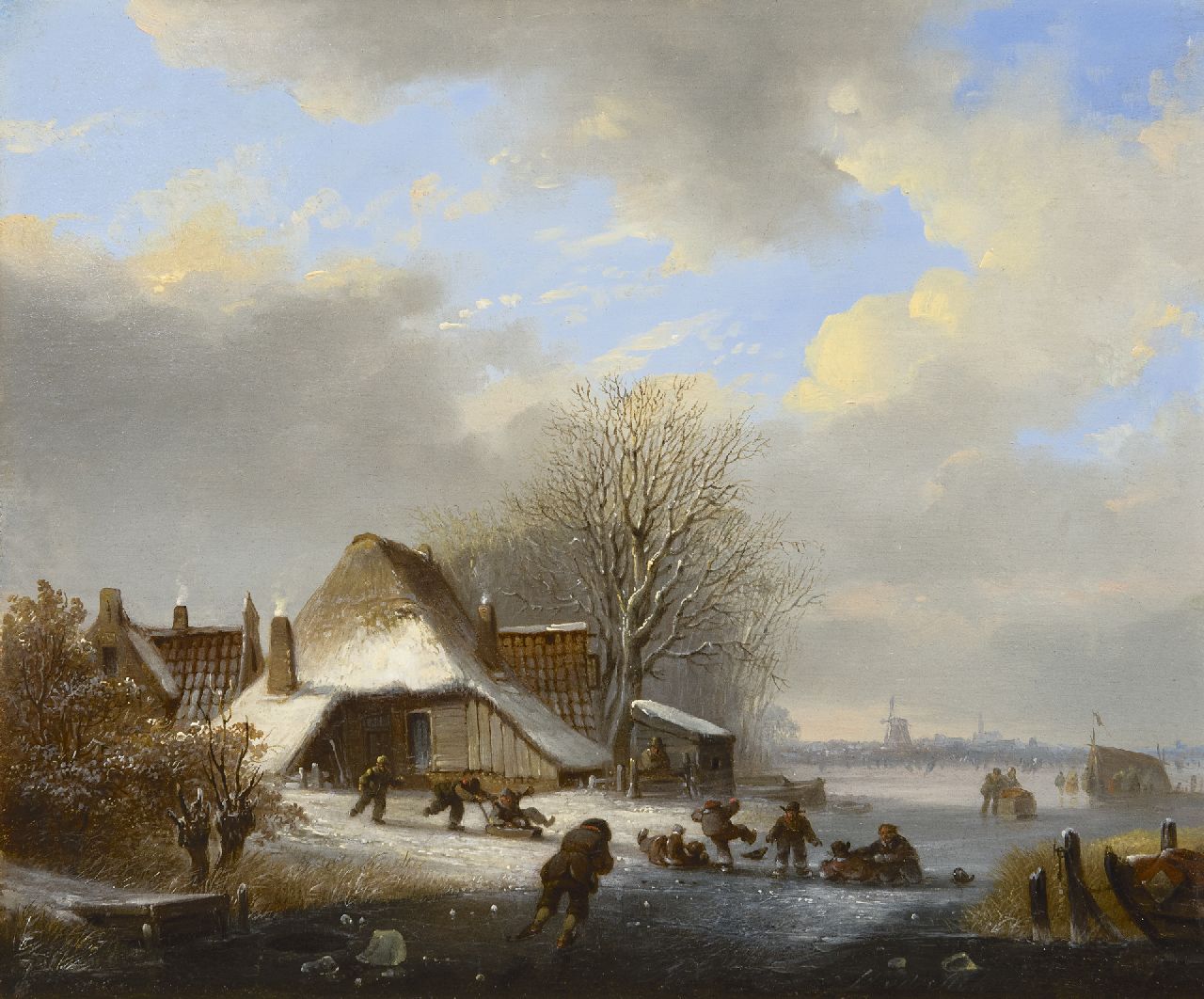 Stok J. van der | Jacobus van der Stok, Skaters and sledges on a frozen river, oil on panel 26.3 x 31.9 cm, signed l.r.