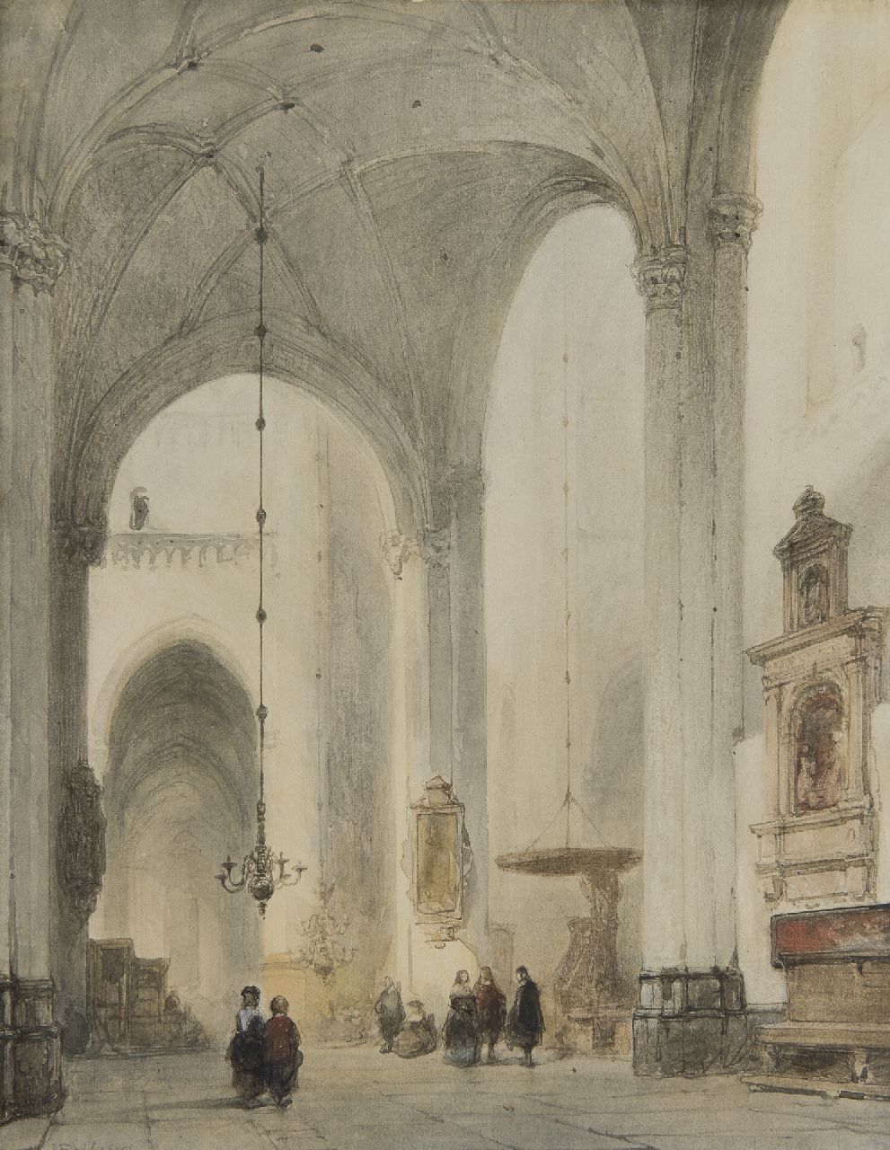 Bosboom J.  | Johannes Bosboom, A church interior (Grote Kerk Breda), watercolour on paper 38.3 x 29.8 cm, signed l.l.