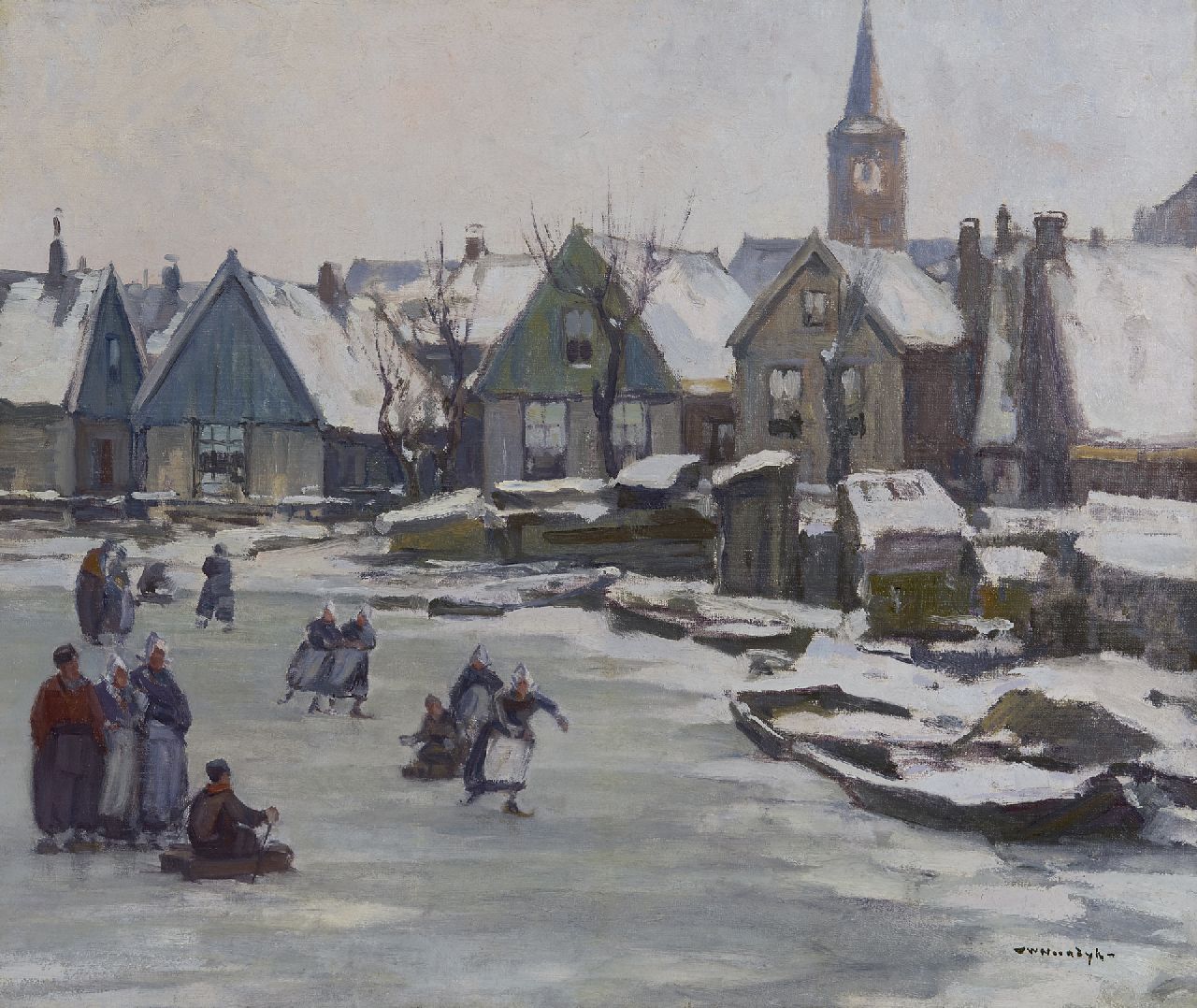 Willem Noordijk | Skaters in Volendam, oil on canvas, 46.3 x 54.4 cm, signed l.r.