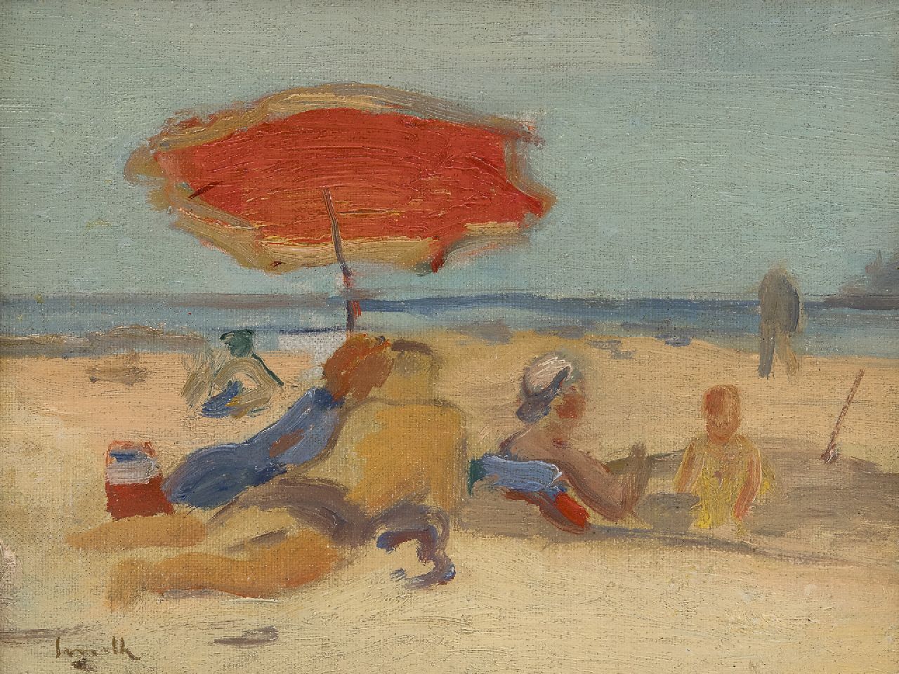 Smith A.  | Alfred Smith, Beach scene, oil on canvas laid down on board 19.5 x 25.5 cm, signed l.l.