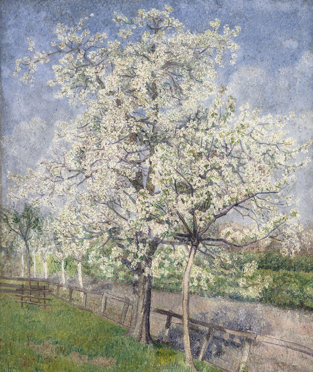 Nieweg J.  | Jakob Nieweg, Trees in bloom along a fence, oil on canvas 60.0 x 50.1 cm, signed l.r. with monogram and dated '22