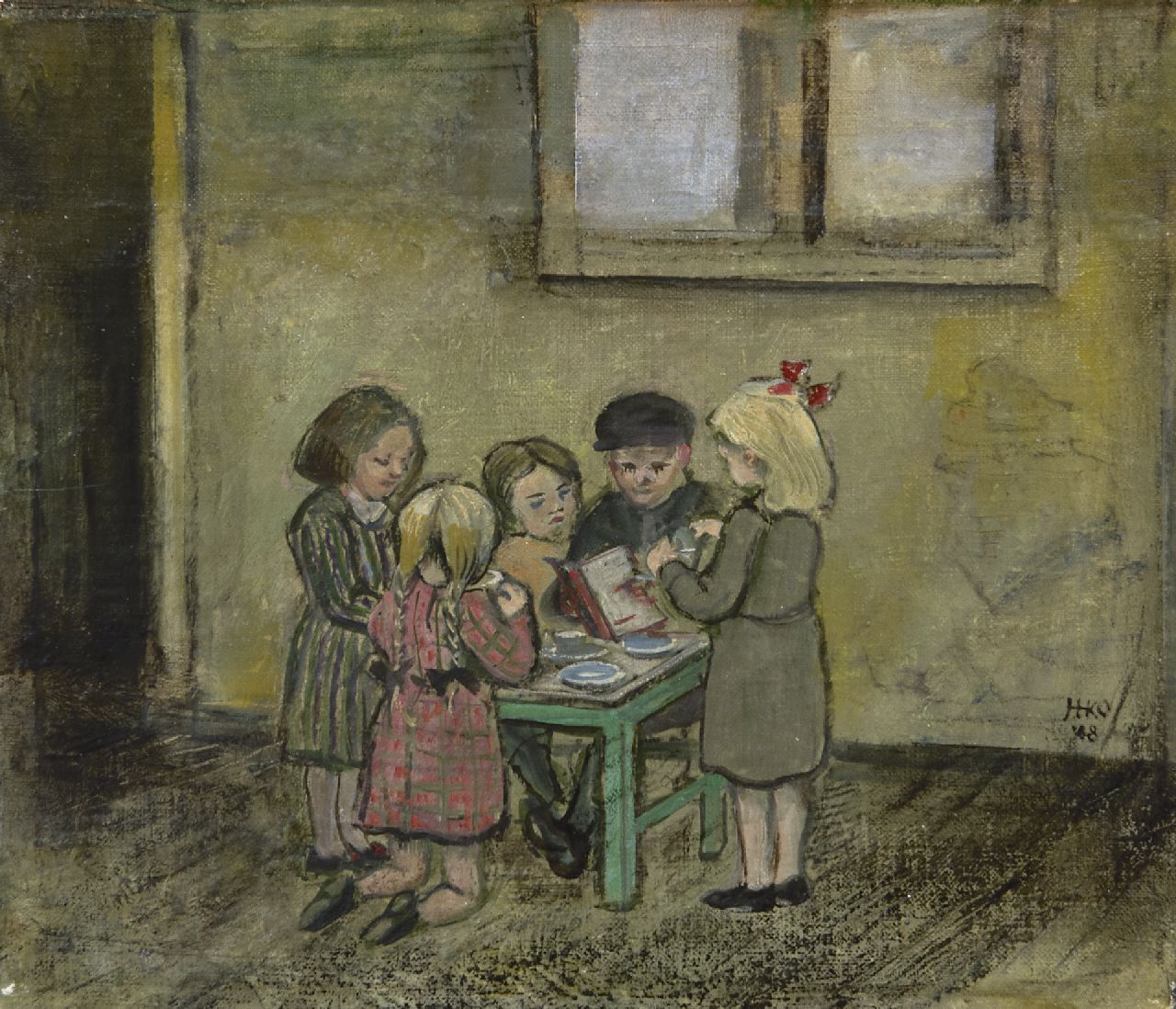 Kamerlingh Onnes H.H.  | 'Harm' Henrick Kamerlingh Onnes, Children playing tea time, oil on canvas laid down on panel 19.2 x 22.7 cm, signed c.r. with monogram and dated '48