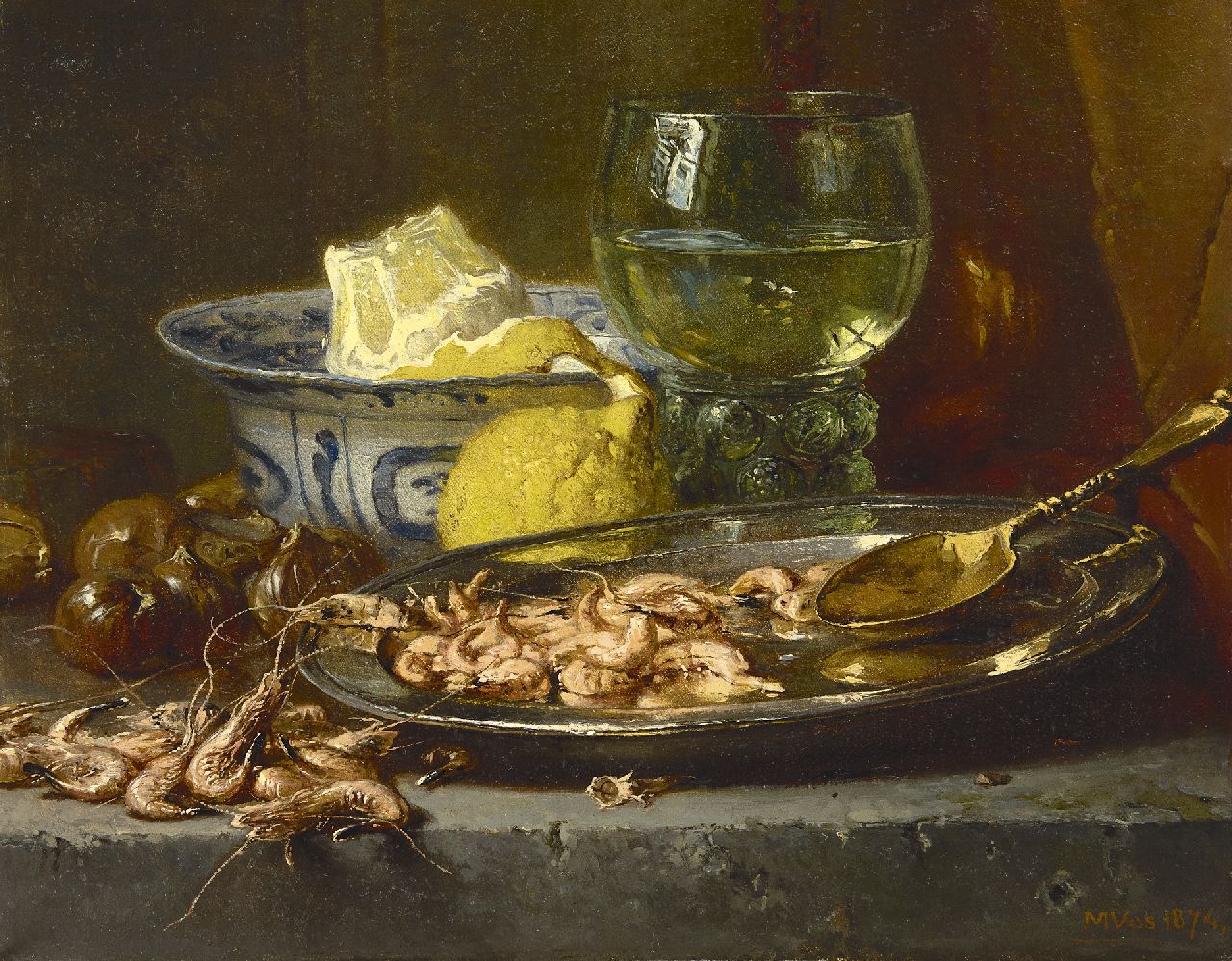 Vos M.  | Maria Vos, A still life with shrimps and a goblet, oil on canvas 33.5 x 42.0 cm, signed l.r. and dated 1874