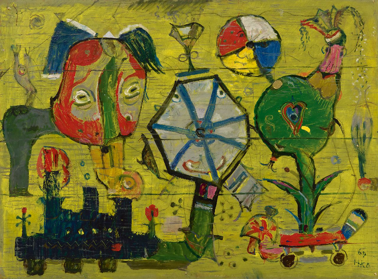 Kamerlingh Onnes H.H.  | 'Harm' Henrick Kamerlingh Onnes, Children's painting on a fence, oil on board 44.8 x 60.2 cm, signed l.r. with monogram and dated '69