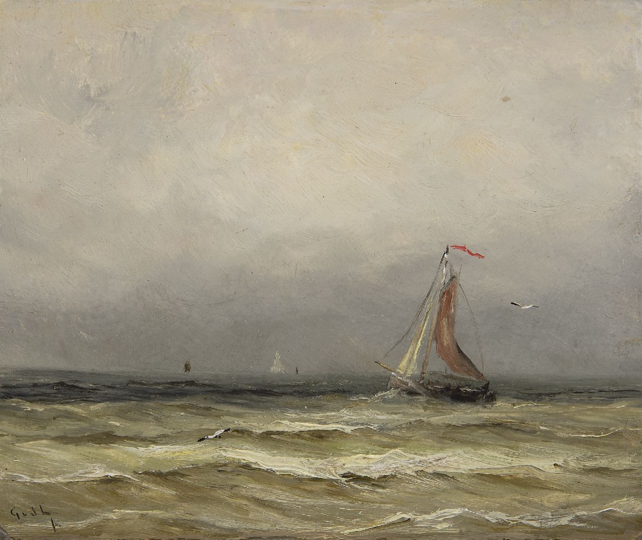 Laan G. van der | Gerard van der Laan, Fishing ship from Scheveningen at sea, oil on painter's board 15.7 x 18.6 cm, signed l.l. with initials