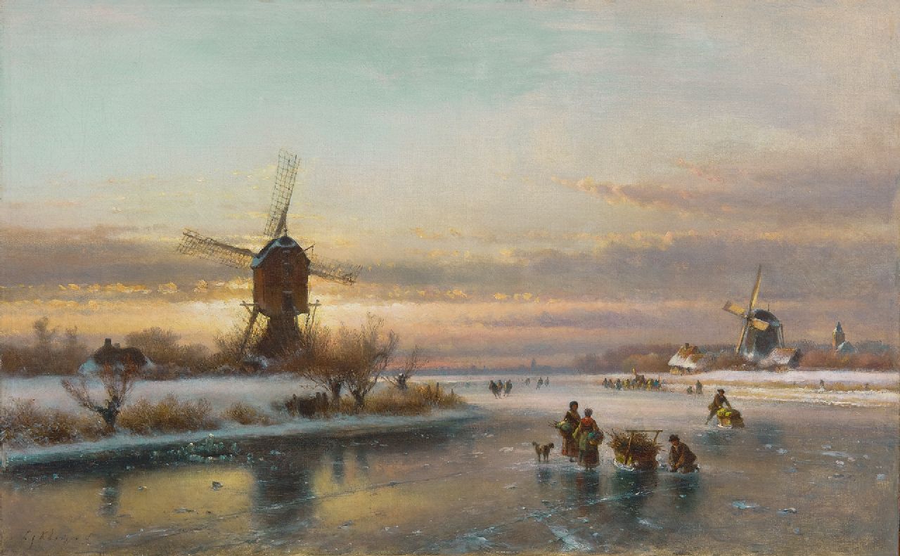 Kleijn L.J.  | Lodewijk Johannes Kleijn, A winter landscape with skaters by a windmill, oil on canvas 50.1 x 80.0 cm, signed l.l.