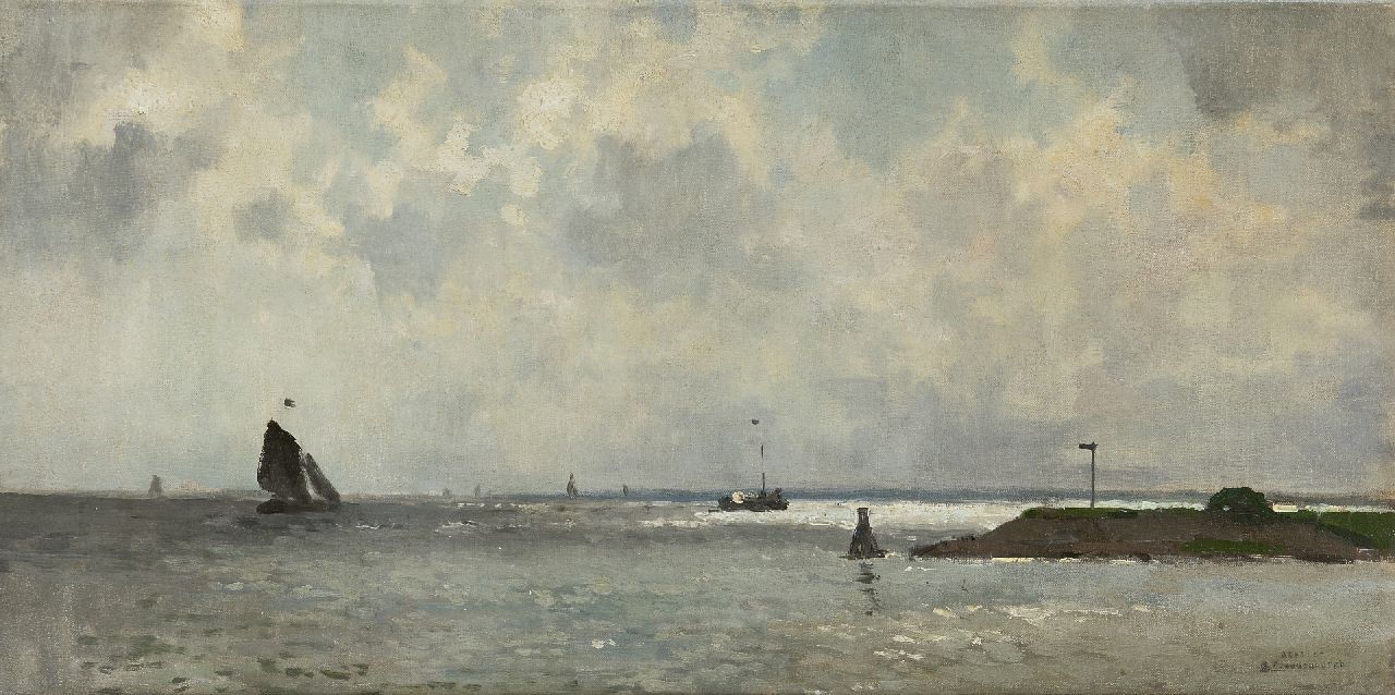 Vreedenburgh C.  | Cornelis Vreedenburgh, Jetty under a Dutch cloudy sky, oil on canvas 29.8 x 60.3 cm