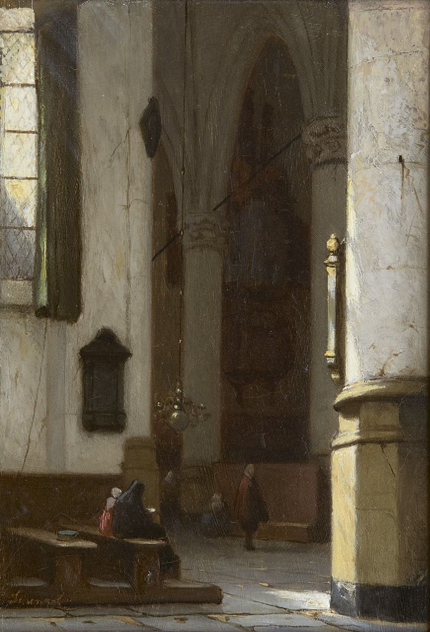 Schenkel J.J.  | Jan Jacob Schenkel, Interior of the Hooglandse Church in Leiden, oil on panel 21.4 x 15.1 cm, signed l.l.
