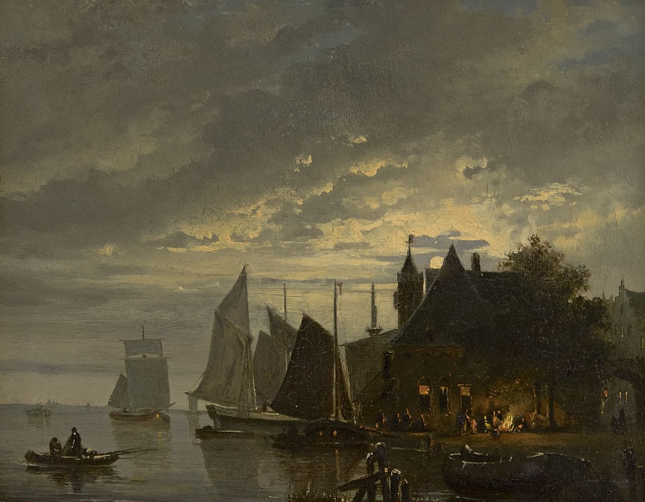 Hendrik Gerrit ten Cate | Moored sailing vessels by moonlight, oil on panel, 25.1 x 32.0 cm