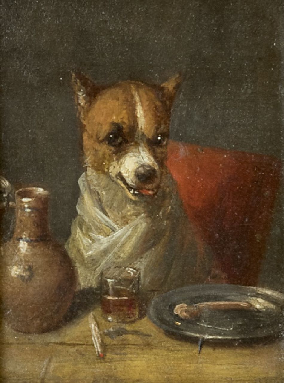 Eycken Ch. van den | Charles van den Eycken, The gourmet: a dog at the table, oil on panel 7.5 x 5.6 cm, signed u.l. with monogram and dated '77