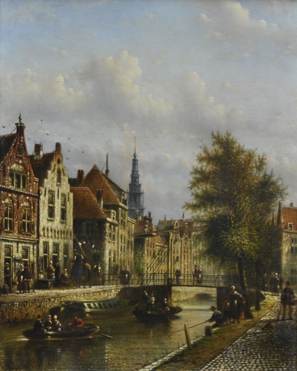 Spohler J.F.  | Johannes Franciscus Spohler, A view in Amsterdam with the tower of the Zuiderkerk, oil on panel 26.9 x 21.2 cm, signed l.l.