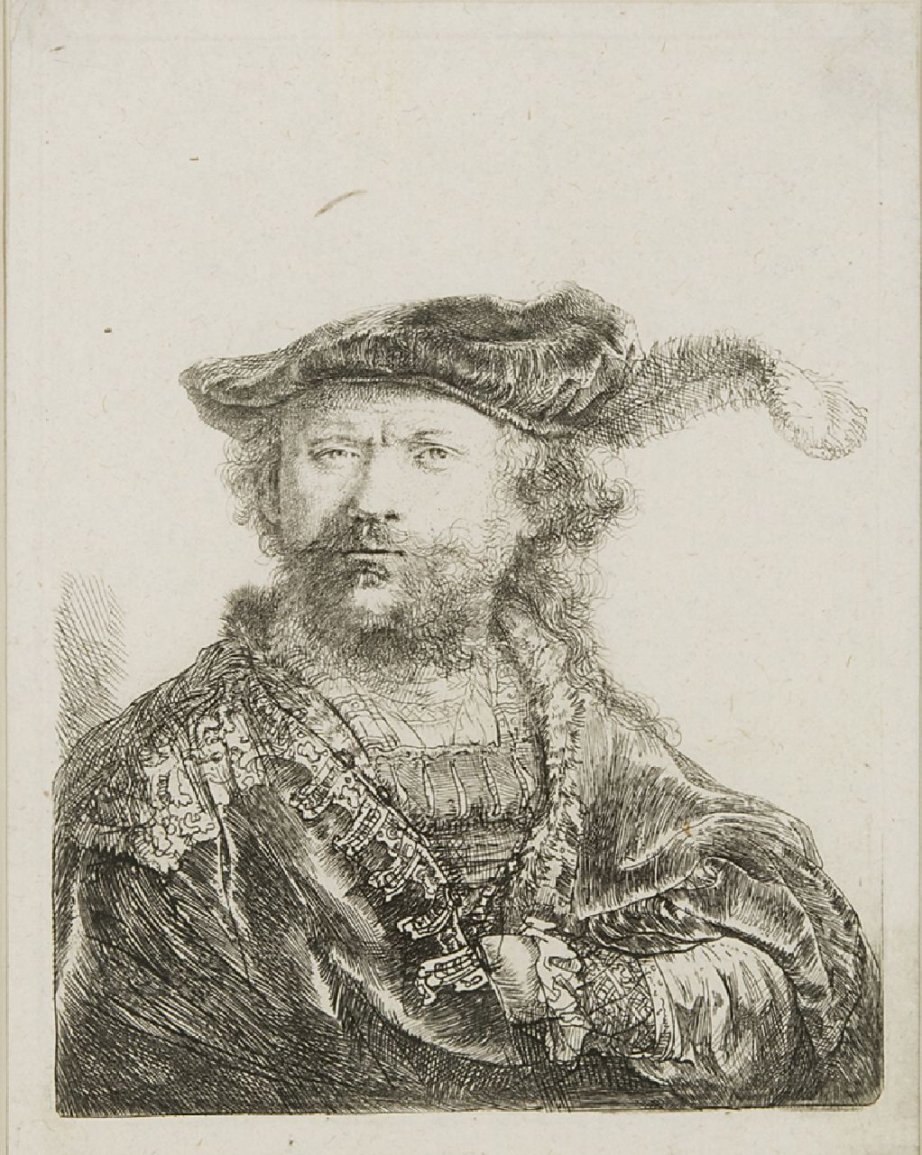 Rembrandt (Rembrandt Harmensz. van Rijn)   | Rembrandt (Rembrandt Harmensz. van Rijn), A self-portrait in a velvet cap with feather, etching on paper 13.5 x 10.4 cm