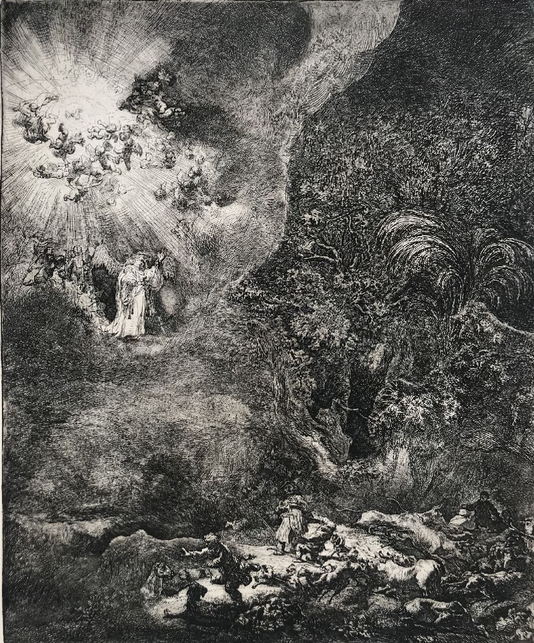 Rembrandt (Rembrandt Harmensz. van Rijn)   | Rembrandt (Rembrandt Harmensz. van Rijn), The Angel appearing to the Shepherds, etching 26.2 x 21.7 cm, signed l.r. and dated in the plate 1634