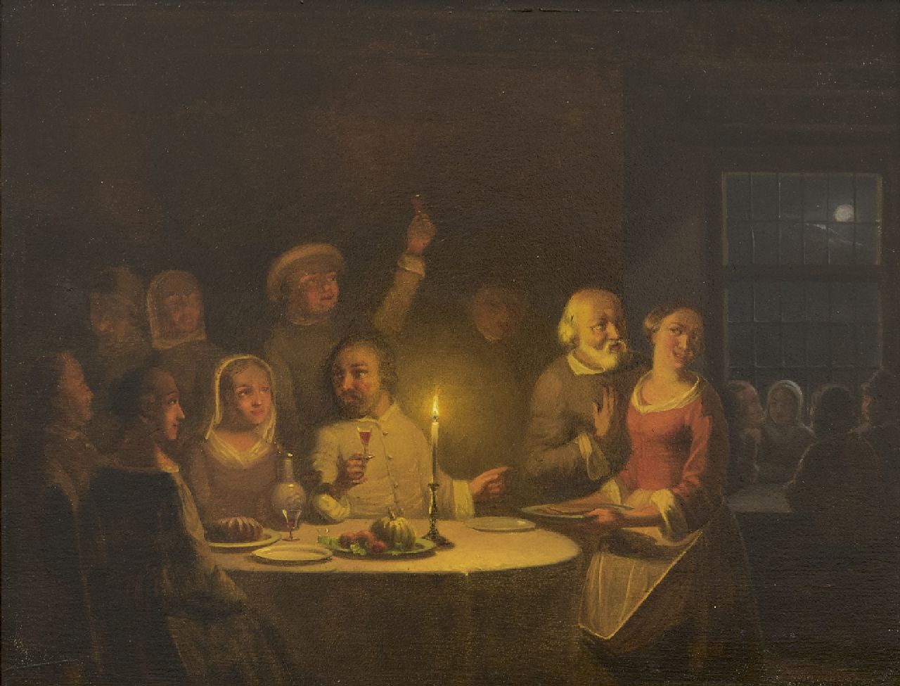 Sjamaar P.G.  | Pieter Gerardus Sjamaar | Paintings offered for sale | A merry company by candlelight, oil on panel 21.9 x 28.4 cm, signed l.r.