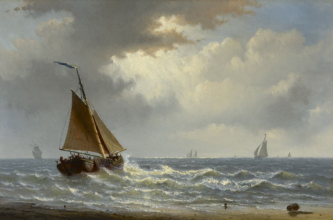 Gruijter jr. W.  | Willem Gruijter jr., Dutch sailing vessels off the coast, oil on panel 23.0 x 35.1 cm, signed l.l. with initials and with the artist's seal rev.