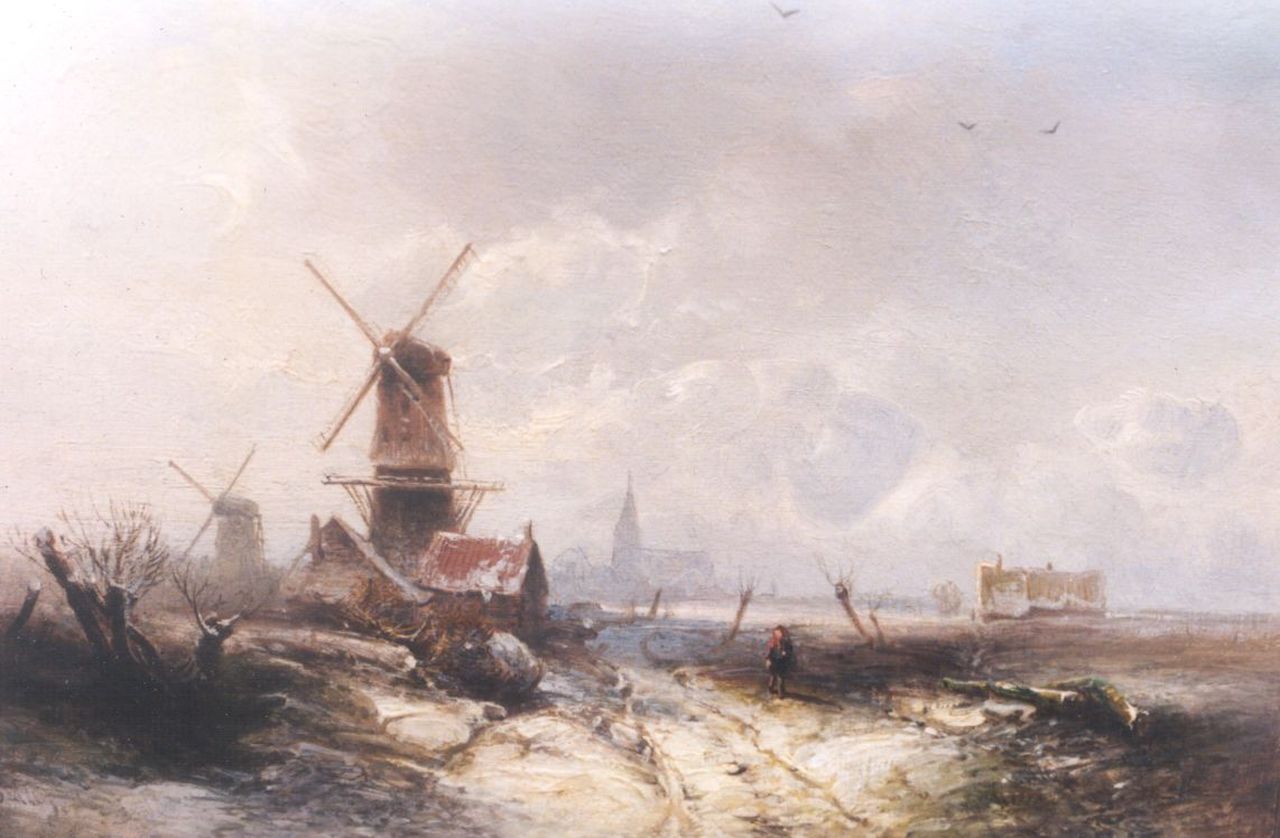 Kluyver P.L.F.  | 'Pieter' Lodewijk Francisco Kluyver, A winter landscape with windmills, oil on panel 19.5 x 27.3 cm, signed l.l.
