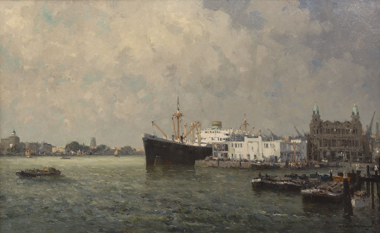 Delfgaauw G.J.  | Gerardus Johannes 'Gerard' Delfgaauw, The Nieuwe Maas near Rotterdam with the HAL building, oil on canvas 60.5 x 100.4 cm, signed l.r.