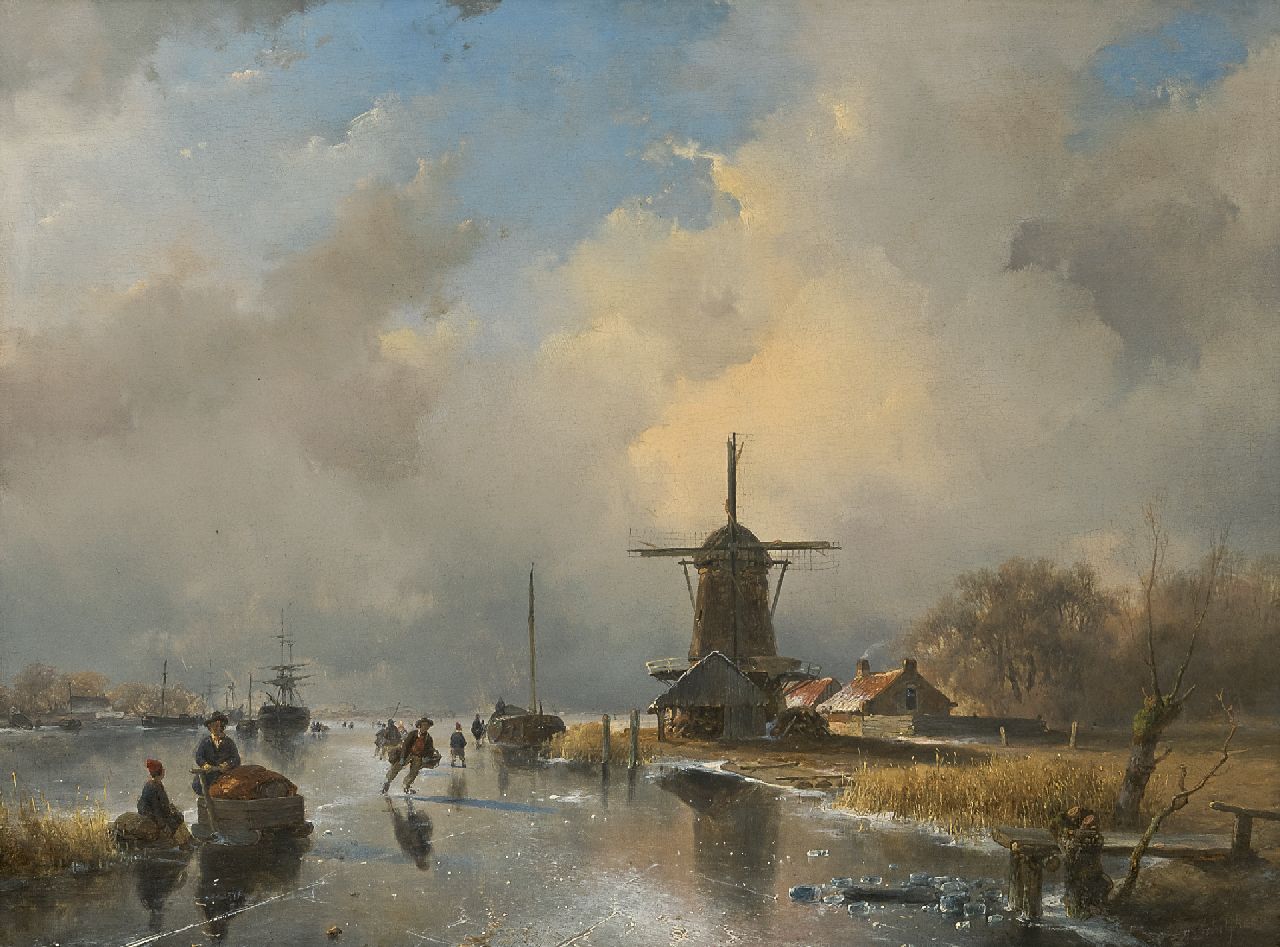 Schelfhout A.  | Andreas Schelfhout, A frozen river with skaters near a windmill, oil on panel 35.6 x 47.0 cm, signed l.r. and painted ca. 1840