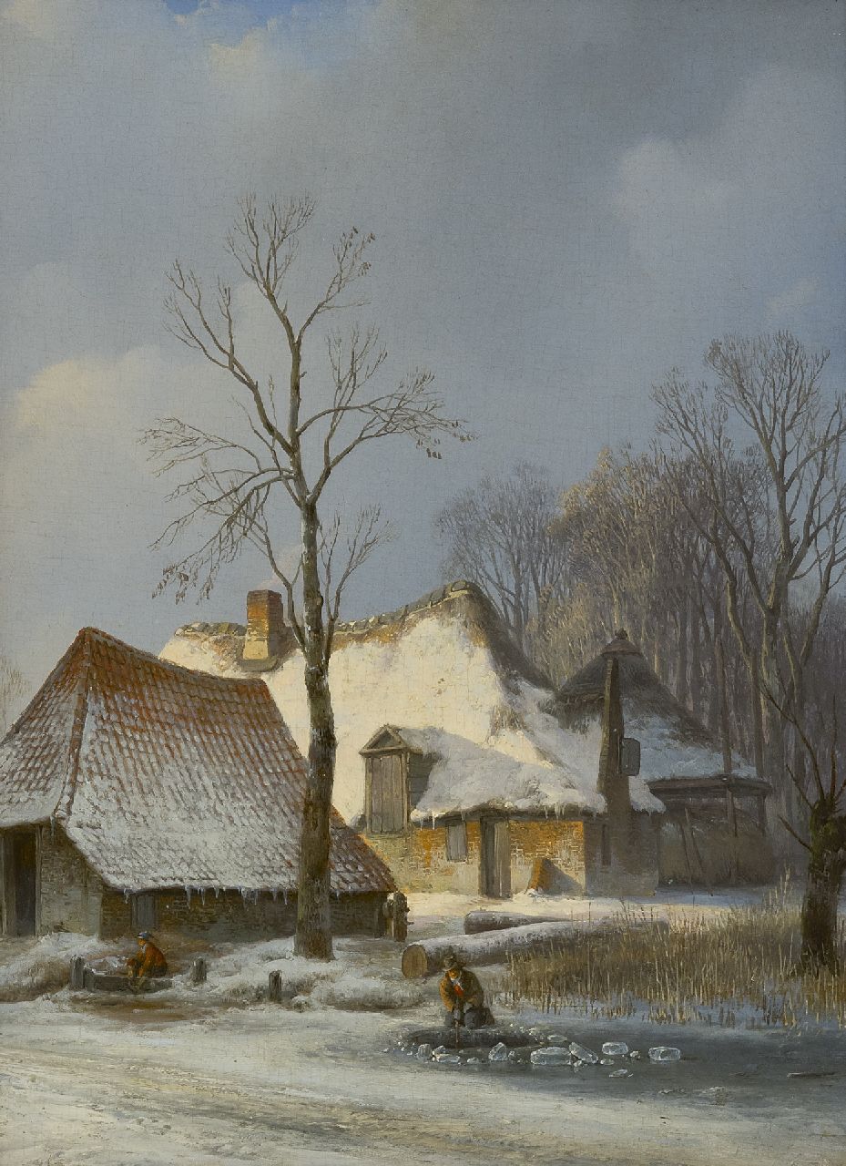 Schelfhout A.  | Andreas Schelfhout, A farm in winter with a skater and an angler, oil on panel 30.8 x 23.0 cm, painted ca. 1825