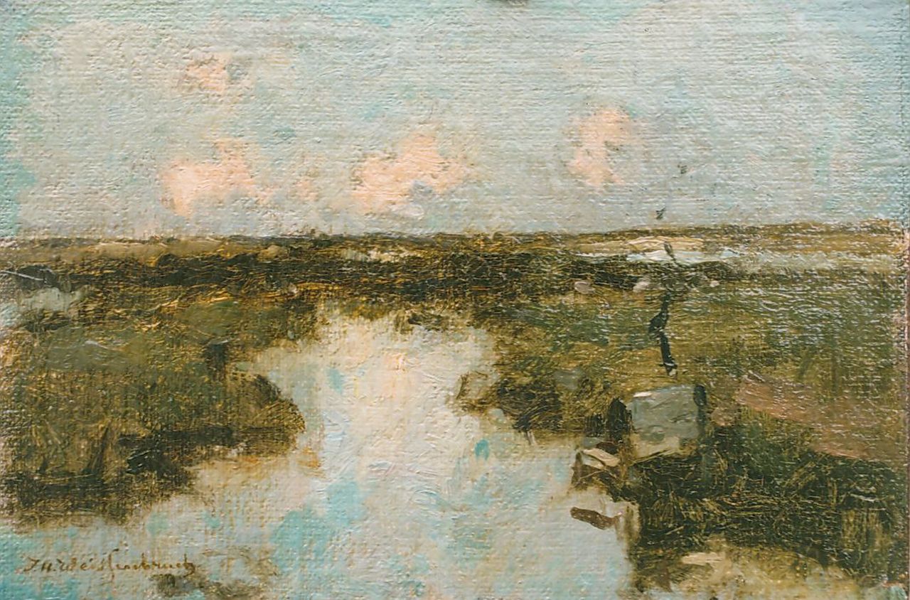 Weissenbruch H.J.  | Hendrik Johannes 'J.H.' Weissenbruch, A polder landscape, oil on canvas laid down on panel 13.1 x 19.3 cm, signed l.l.