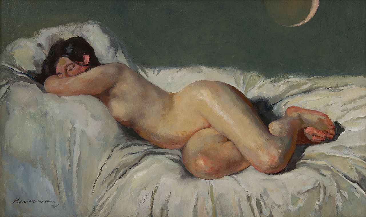 Haverman H.J.  | Hendrik Johannes Haverman | Paintings offered for sale | Reclining nude at solar eclipse, oil on canvas 31.1 x 50.3 cm, signed l.l.