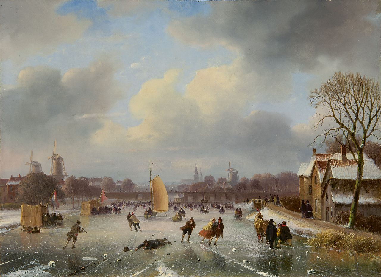 Roosenboom N.J.  | Nicolaas Johannes Roosenboom, Skaters near a town, oil on panel 29.5 x 40.4 cm, signed l.l.