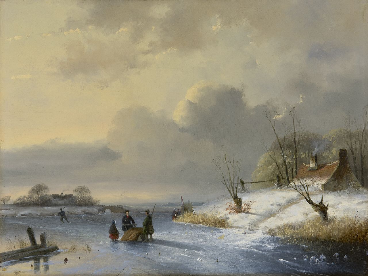 Hoppenbrouwers J.F.  | Johannes Franciscus Hoppenbrouwers, A winter landscape with skaters, oil on panel 27.9 x 36.9 cm, signed l.l. and dated 1847