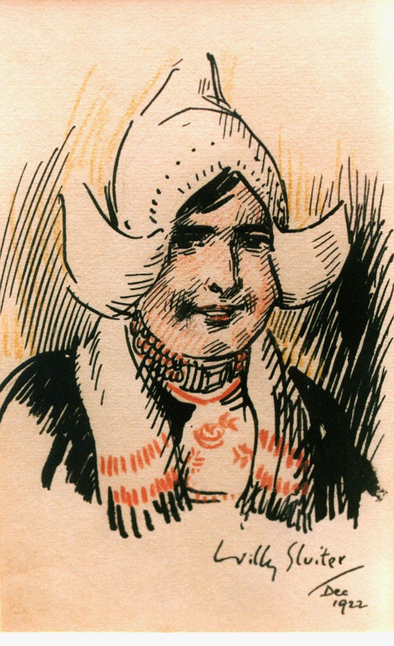 Sluiter J.W.  | Jan Willem 'Willy' Sluiter, A girl from Volendam, Indian ink on paper 15.5 x 9.5 cm, signed l.r. and dated 1922