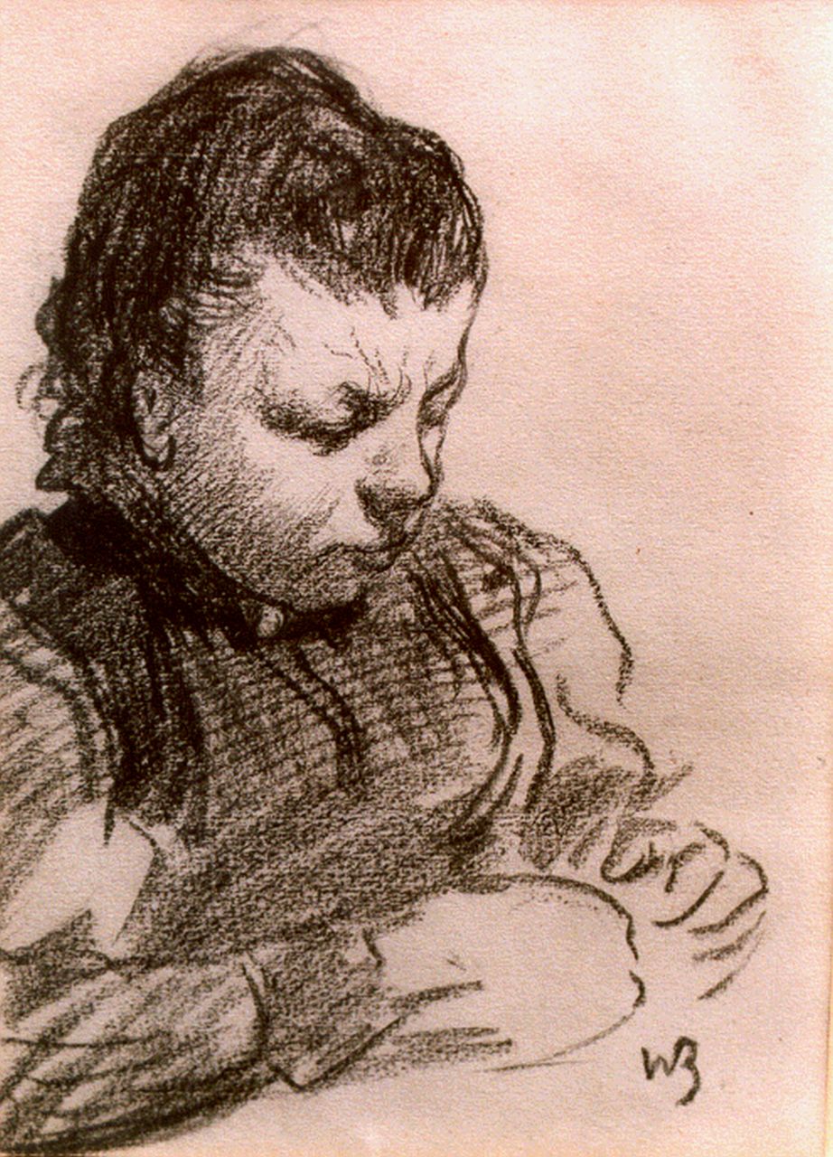 Sluiter J.W.  | Jan Willem 'Willy' Sluiter, A seated girl, charcoal on paper 20.5 x 15.0 cm, signed l.r. with monogram