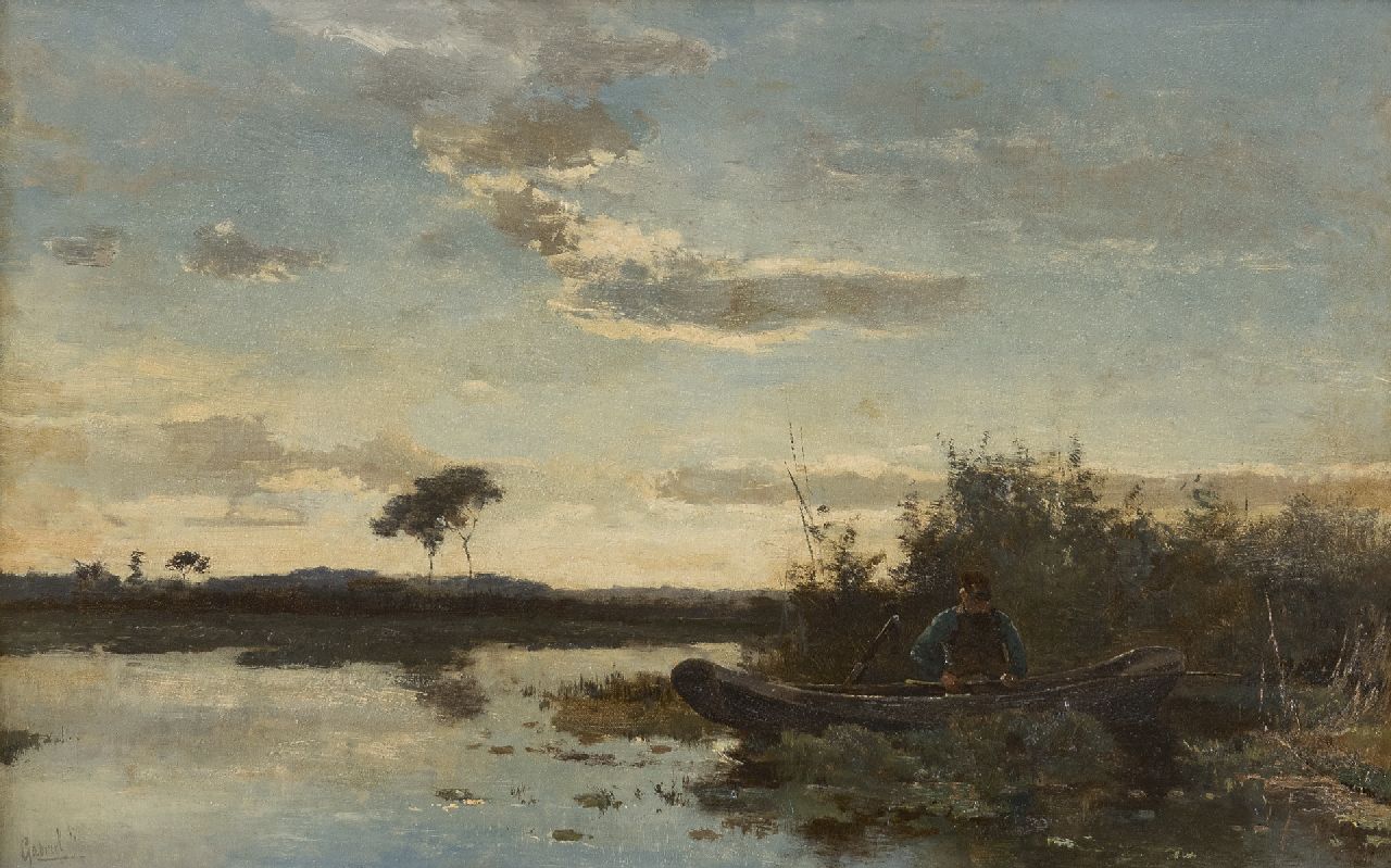 Gabriel P.J.C.  | Paul Joseph Constantin 'Constan(t)' Gabriel, Angler in a rowing boat at sunset, oil on canvas 29.4 x 45.9 cm, signed l.l.
