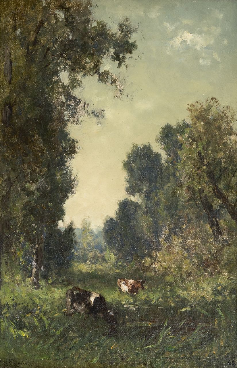 Roelofs W.  | Willem Roelofs, Drinking cows, Lanaije, oil on canvas 43.7 x 28.5 cm, signed l.l. and painted ca. 1884
