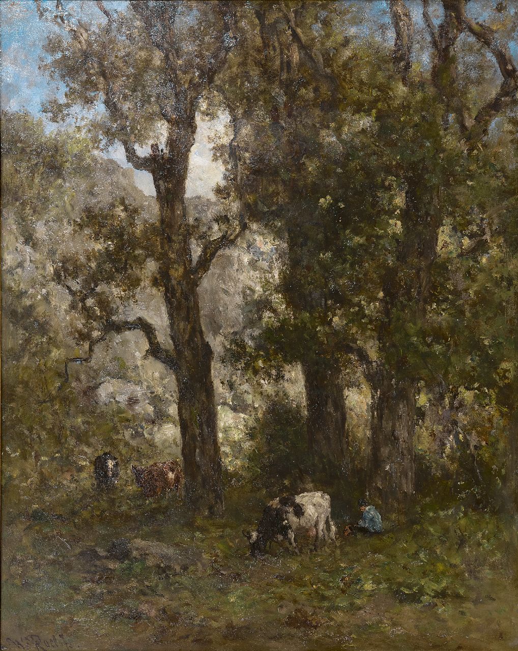 Roelofs W.  | Willem Roelofs, Cowherd with cows in the woods, oil on panel 56.1 x 45.8 cm, signed l.l.