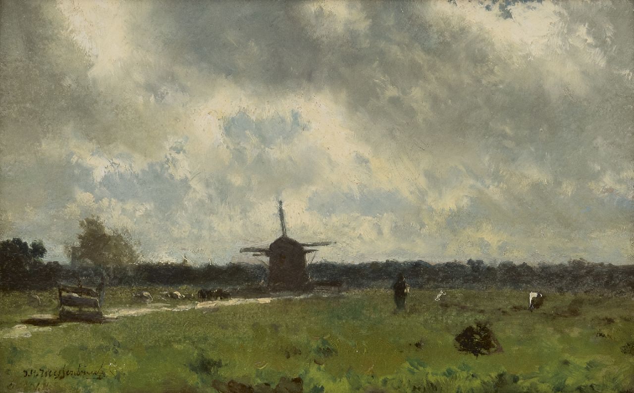 Weissenbruch H.J.  | Hendrik Johannes 'J.H.' Weissenbruch, A polder landscape on a rainy day, oil on paper laid down on panel 19.4 x 30.8 cm, signed l.l.