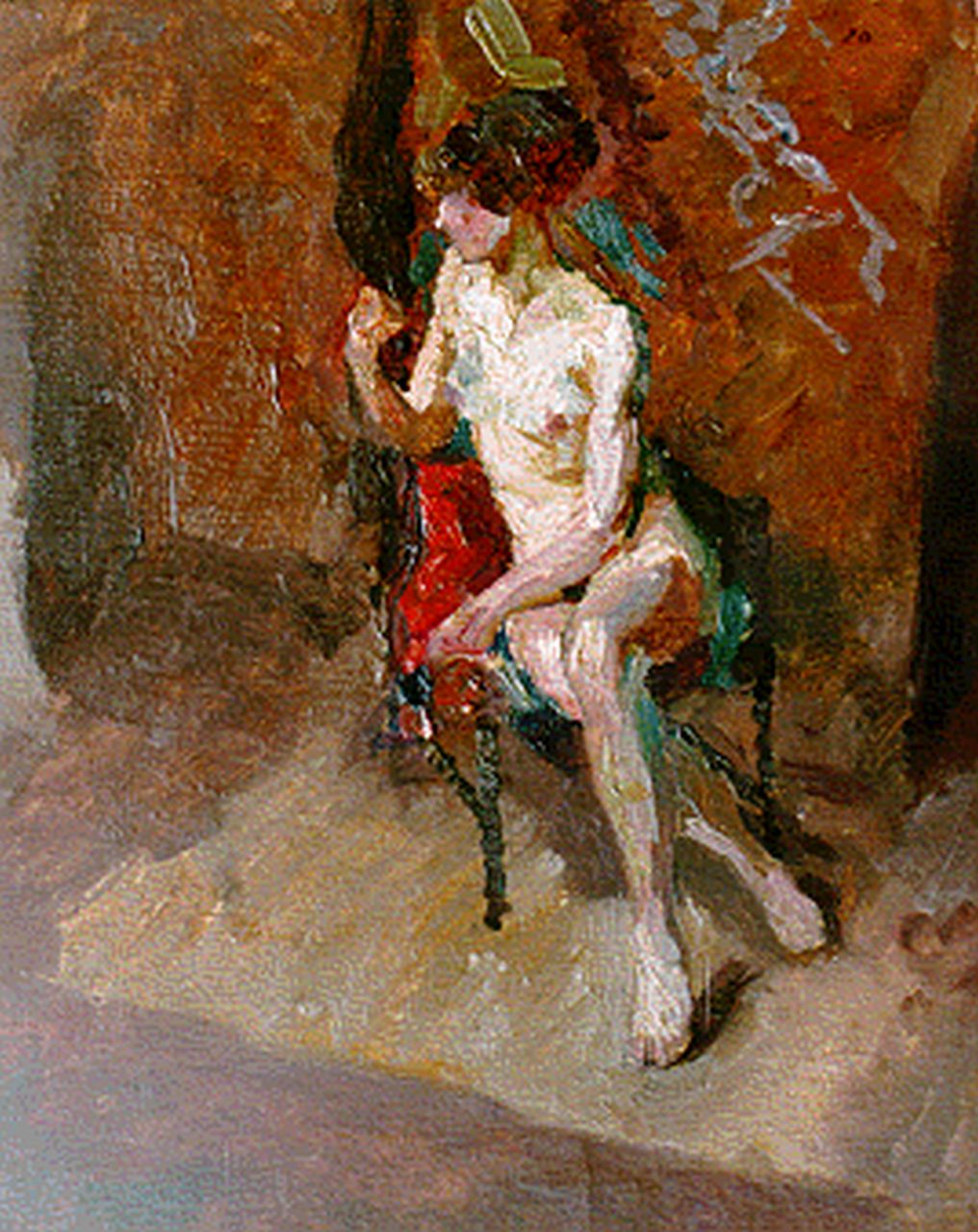 Elsinga J.  | Johannes 'Joh' Elsinga, A seated nude, oil on panel 32.3 x 26.2 cm, signed u.l. with monogram and dated '20