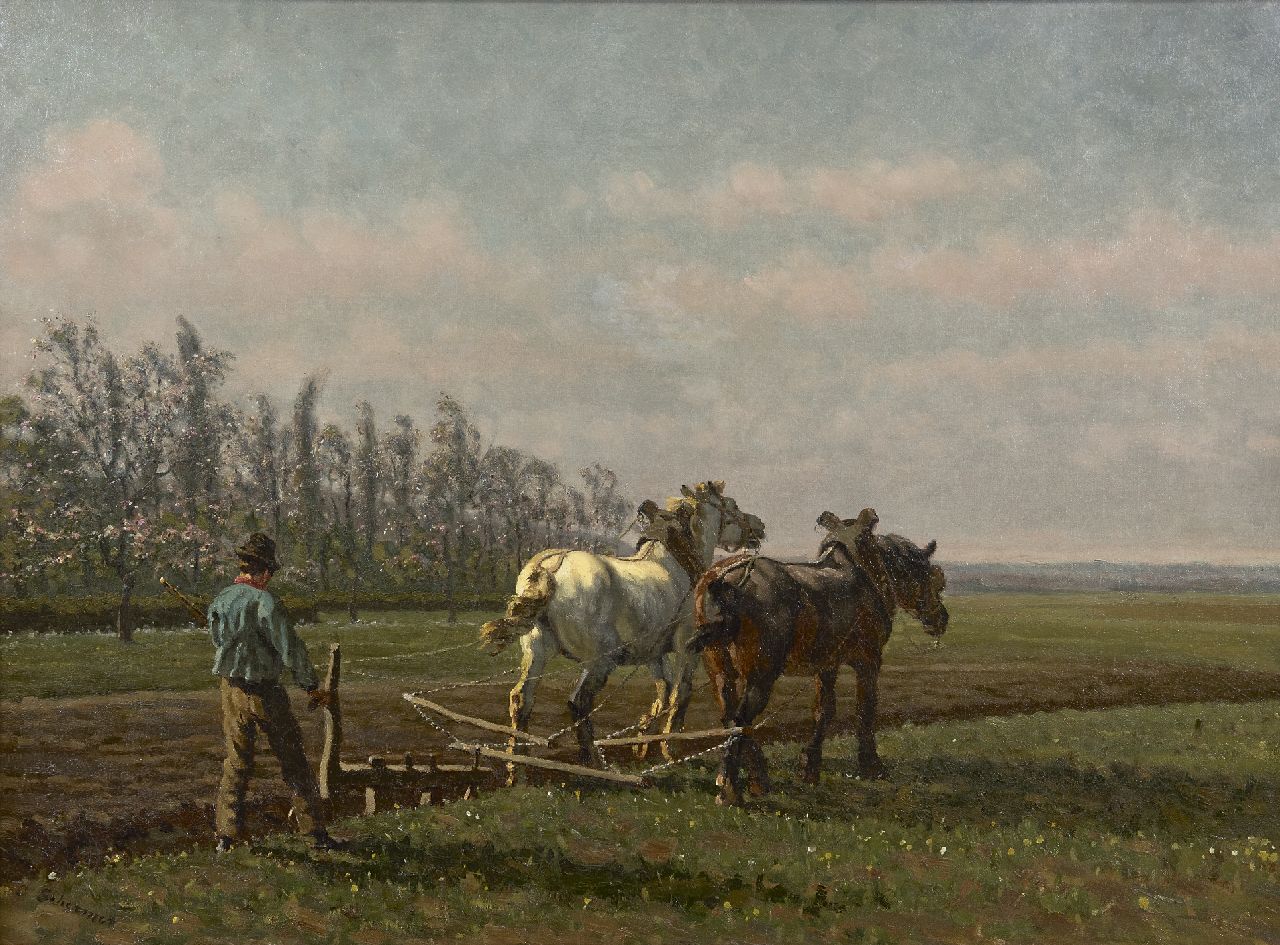 Schermer C.A.J.  | Cornelis Albertus Johannes Schermer, A ploughing farmer, oil on canvas 51.4 x 70.5 cm, signed l.l.