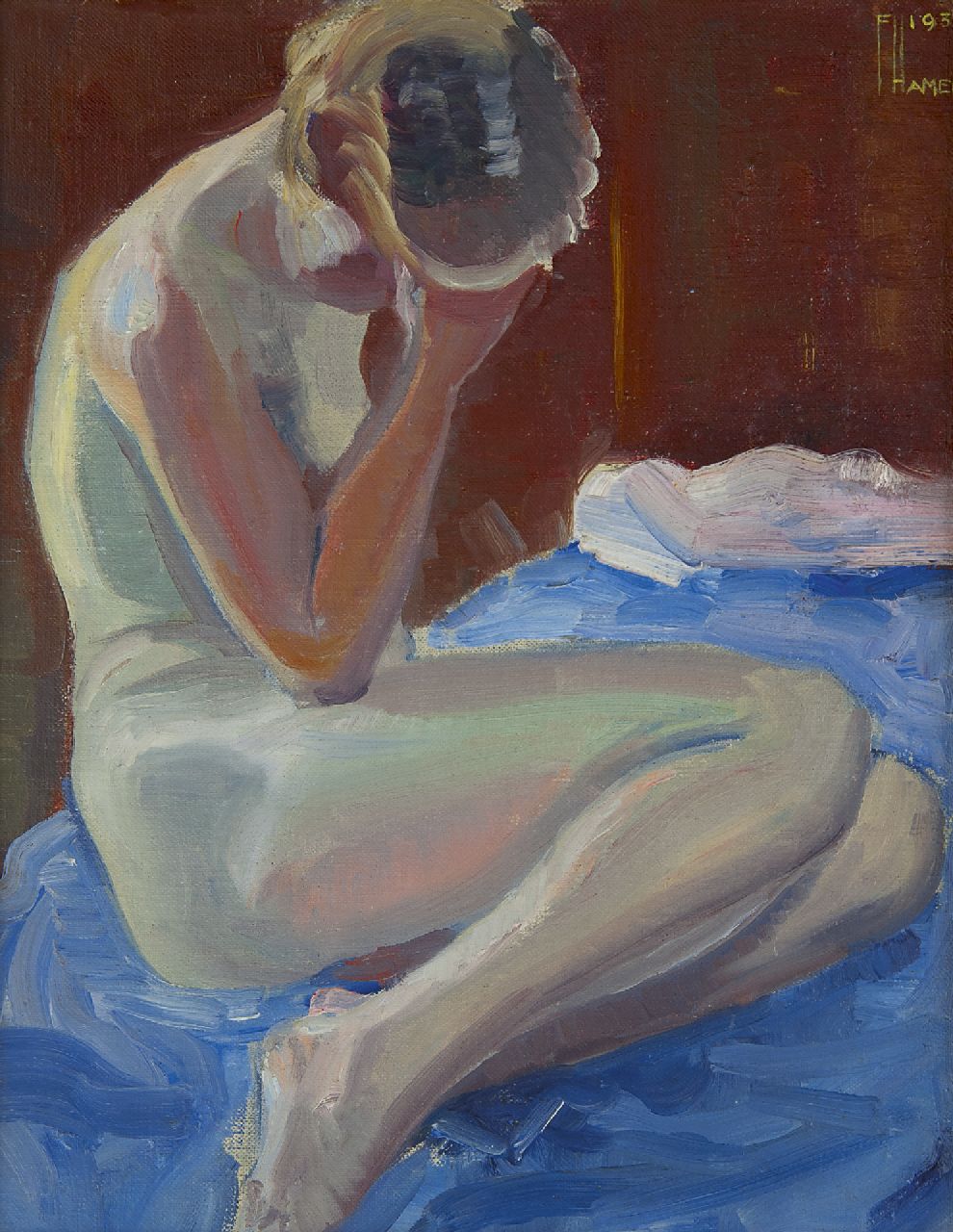 Hamers P.J.  | Philippus Jacob 'Flip' Hamers, Sitting nude, oil on canvas laid down on panel 44.7 x 35.5 cm, signed u.r. and dated 1933