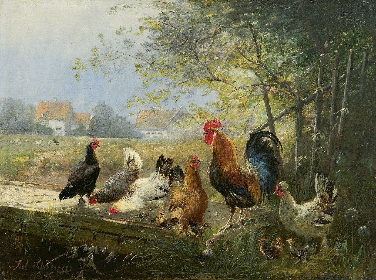 Scheuerer J.  | Julius Scheuerer, Rooster with his chickens, oil on panel 18.7 x 24.4 cm, signed l.l.