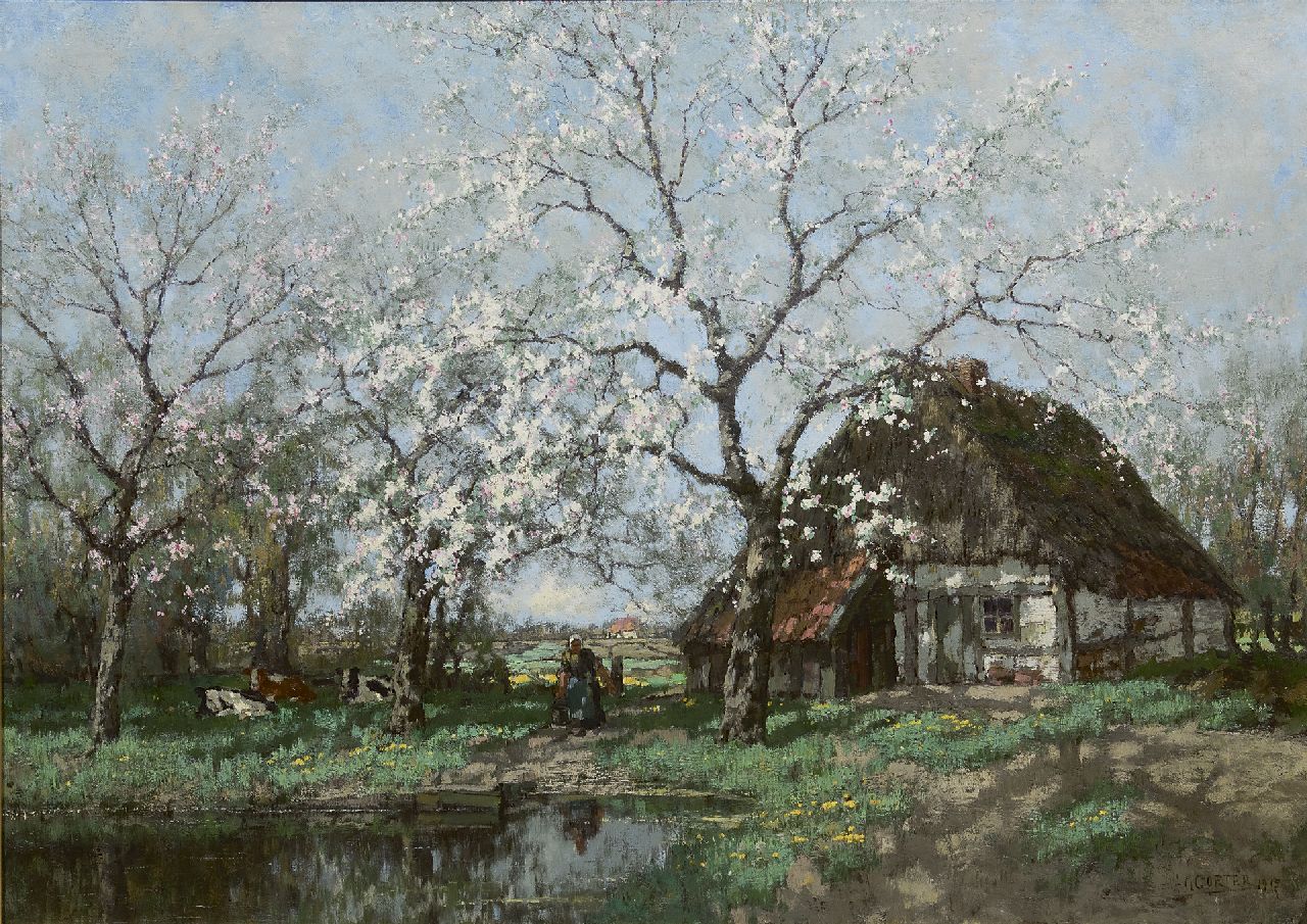 Gorter A.M.  | 'Arnold' Marc Gorter, Apple tree in bloom on een farmyard near a brook, oil on canvas 100.9 x 135.4 cm, signed l.r. and dated 1915