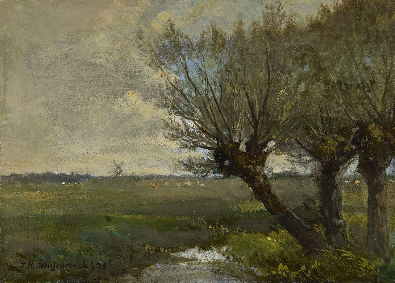Weissenbruch H.J.  | Hendrik Johannes 'J.H.' Weissenbruch, Willows in a polder landscape, oil on canvas 17.3 x 24.8 cm, signed l.l. and signed '75