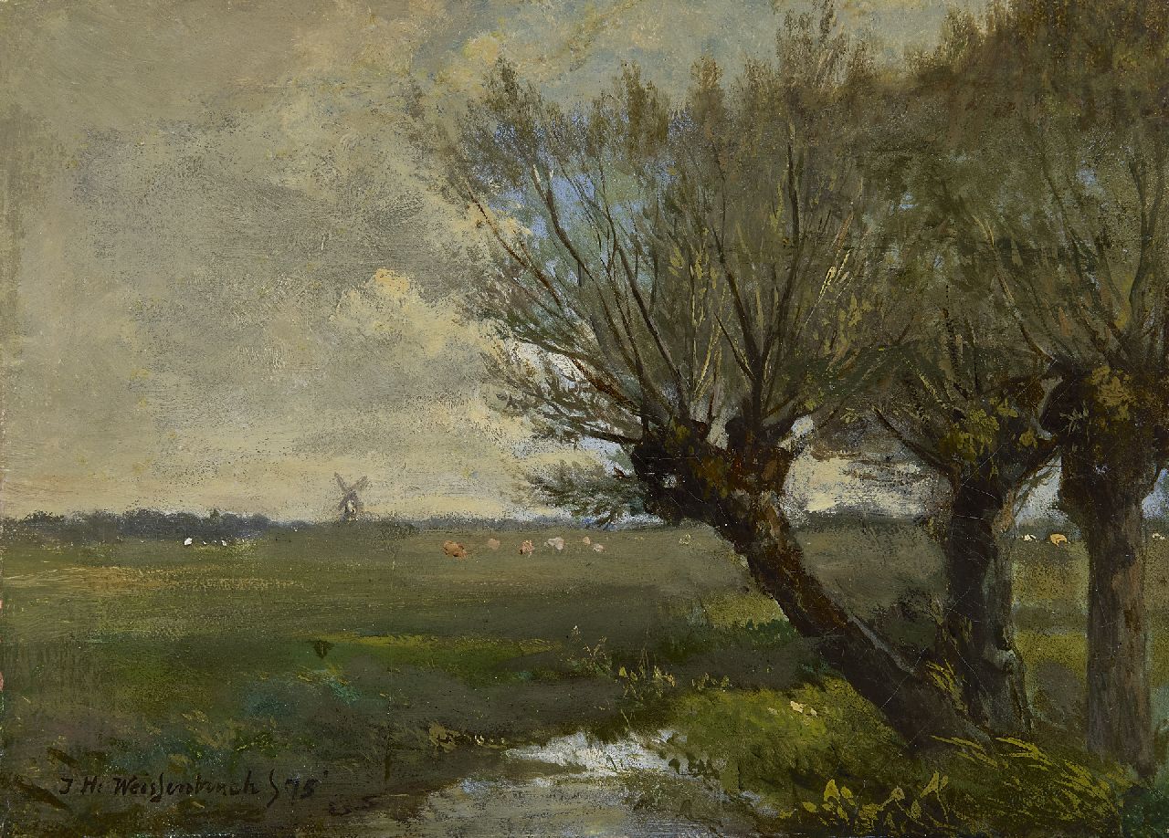 Weissenbruch H.J.  | Hendrik Johannes 'J.H.' Weissenbruch, Willows in a polder landscape, oil on canvas 17.3 x 24.8 cm, signed l.l. and signed '75