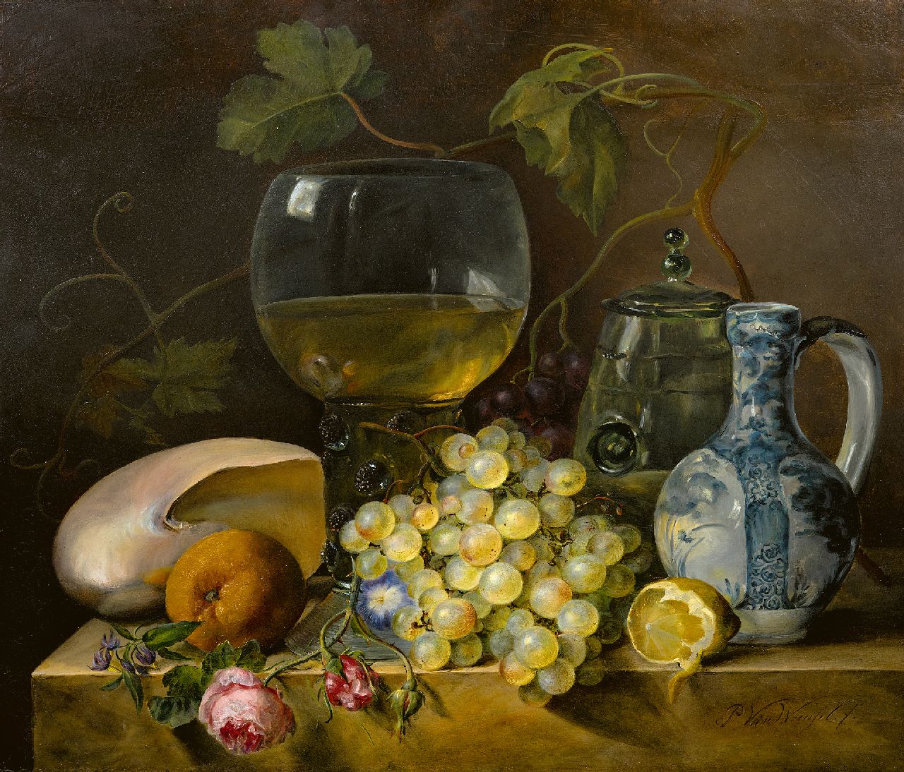 Woensel P. van | Petronella van Woensel, A still life of a rummer, exotic shell and grapes, oil on panel 50.8 x 58.9 cm, signed l.r.