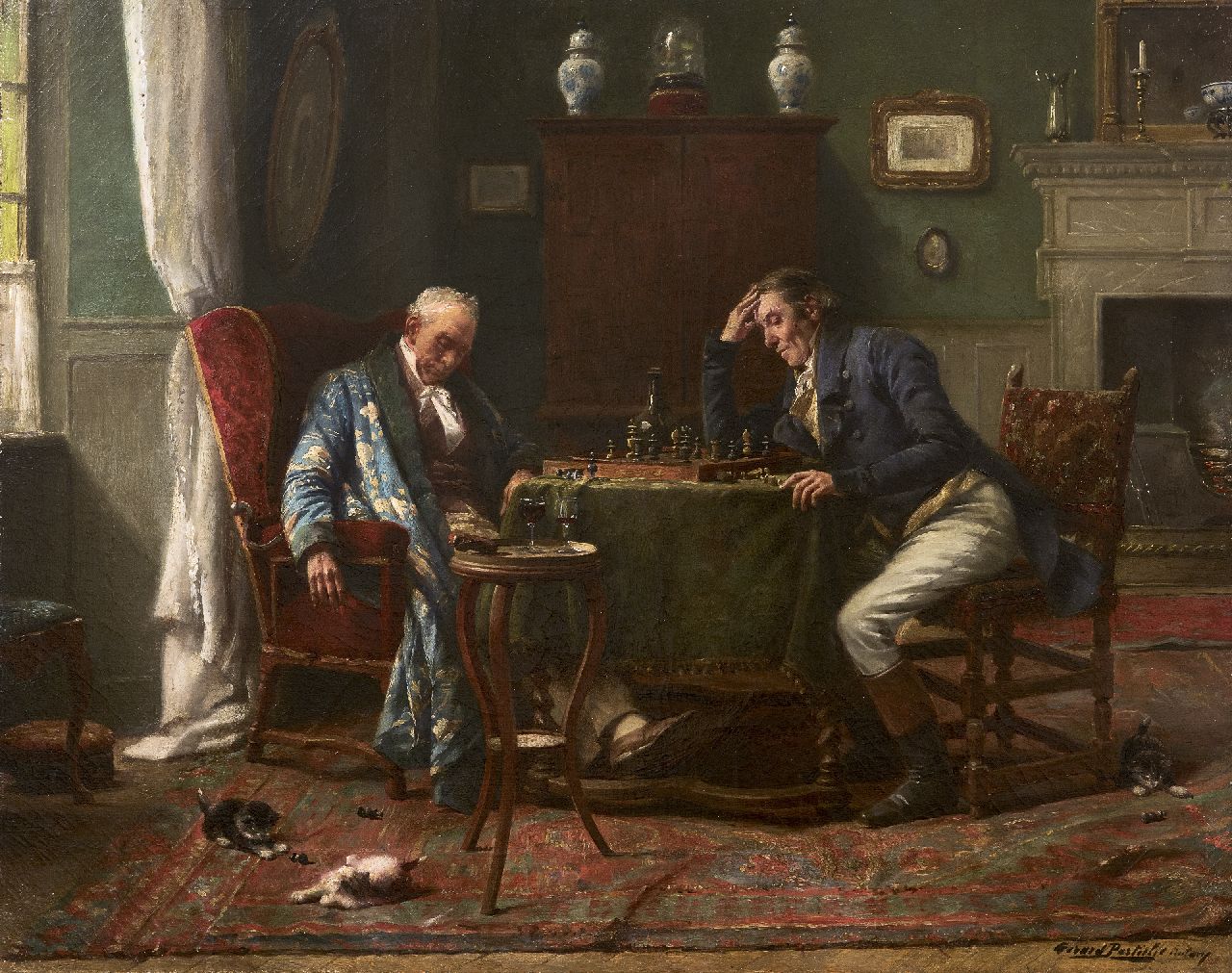 Portielje G.J.  | 'Gerard' Joseph Portielje | Paintings offered for sale | The chess game, oil on canvas 46.7 x 58.5 cm, signed l.r.