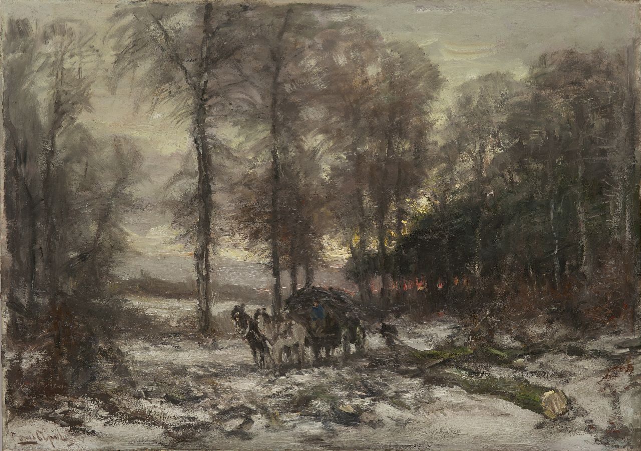 Apol L.F.H.  | Lodewijk Franciscus Hendrik 'Louis' Apol, A snowy forest with a horse-drawn cart, oil on canvas 50.3 x 70.4 cm, signed l.l.