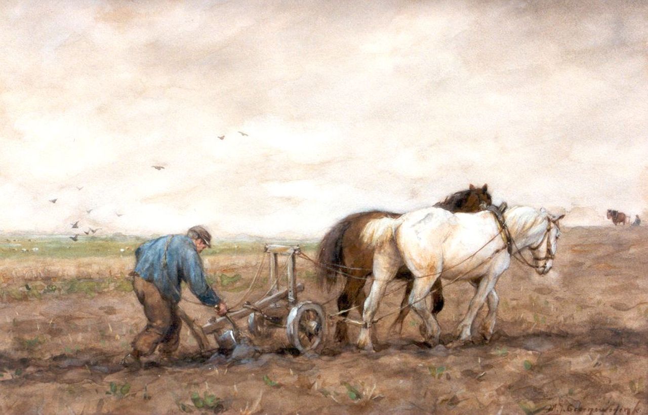 Groenewegen A.J.  | Adrianus Johannes Groenewegen, Ploughing farmer, watercolour on paper 33.3 x 51.0 cm, signed signed l.r.