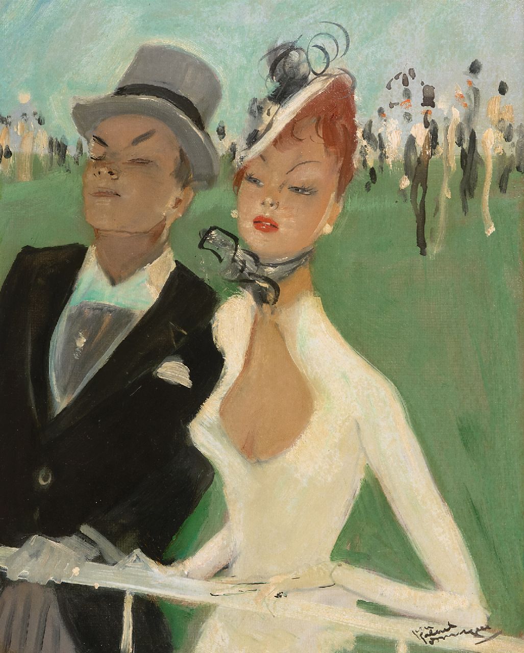 Domergue J.G.  | Jean-Gabriel Domergue | Paintings offered for sale | Au grand steeple, oil on board 40.9 x 32.8 cm, signed l.r. and dated '29 on the reverse