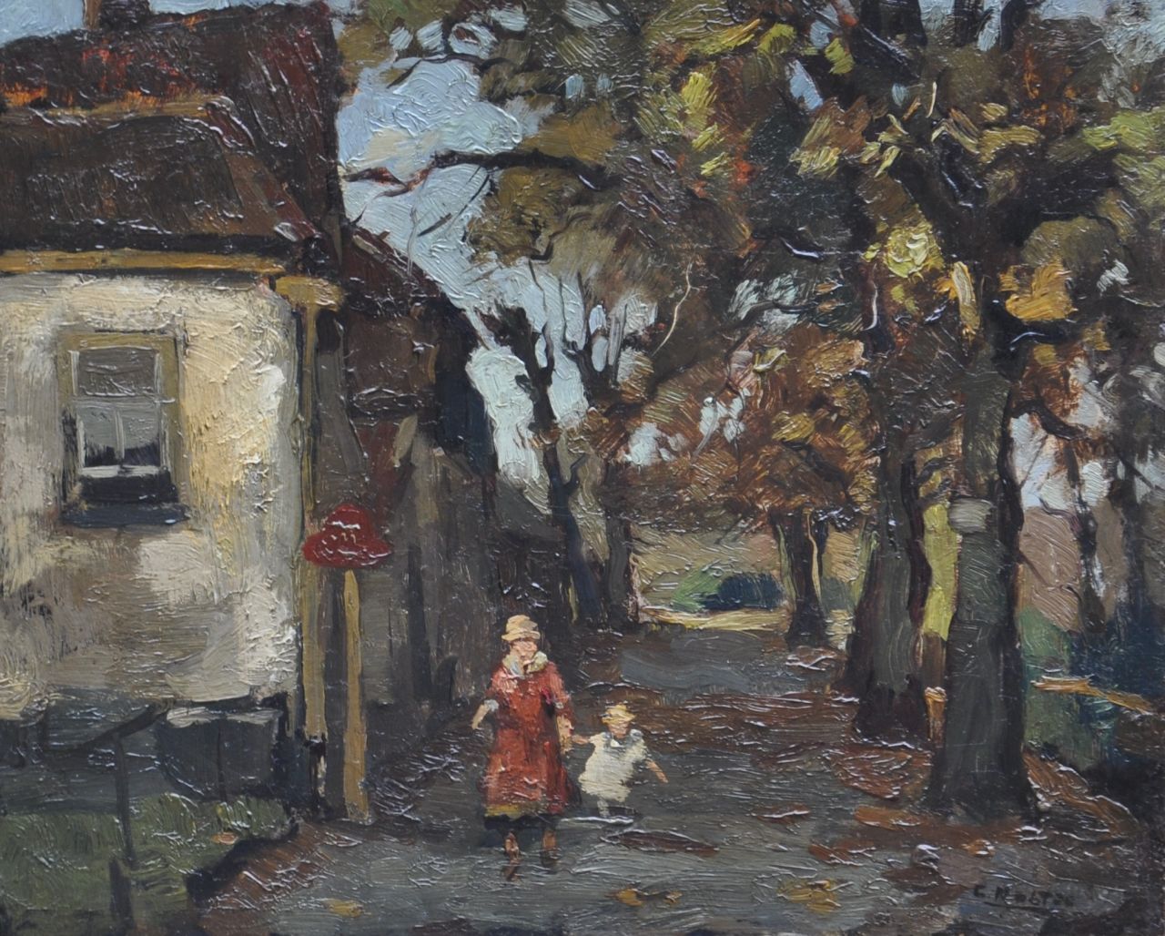 Noltee B.C.  | Bernardus Cornelis 'Cor' Noltee, A village path with mother and child, oil on panel 26.9 x 32.8 cm, signed l.r.