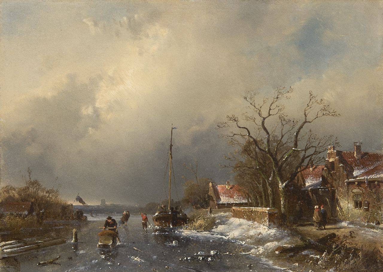 Leickert C.H.J.  | 'Charles' Henri Joseph Leickert, Skaters on a frozen waterway, an approaching blizzard in the distance, oil on panel 24.3 x 33.1 cm, signed l.l.