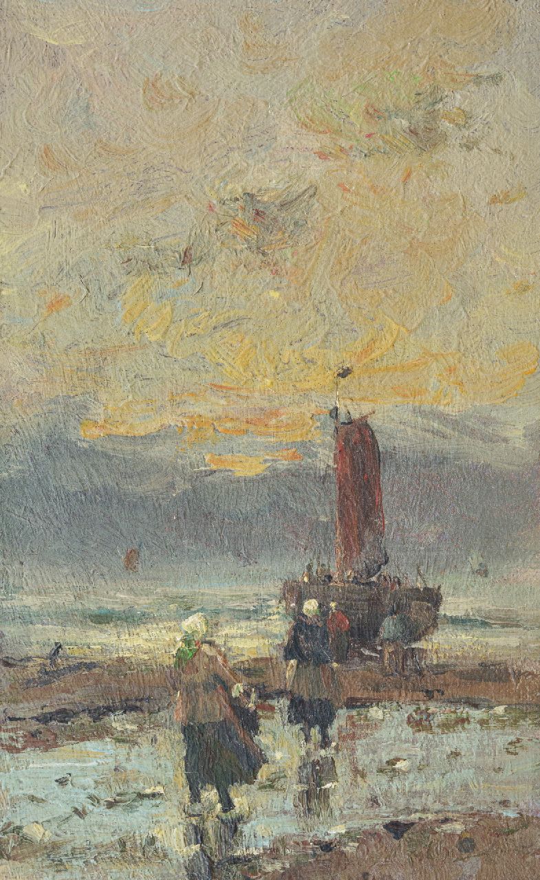 Munthe G.A.L.  | Gerhard Arij Ludwig 'Morgenstjerne' Munthe | Paintings offered for sale | Fisher women on the beach, oil on canvas laid down on panel 23.2 x 14.2 cm, signed l.l. and ca. 1914