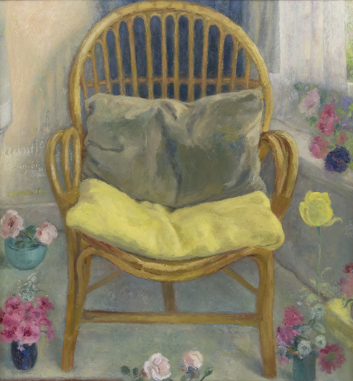 Schultze P.  | Paulus 'Paul' Schultze | Paintings offered for sale | The chair in the conservatory, oil on board 69.3 x 64.3 cm, signed l.c. and dated on the reverse 24 July '60