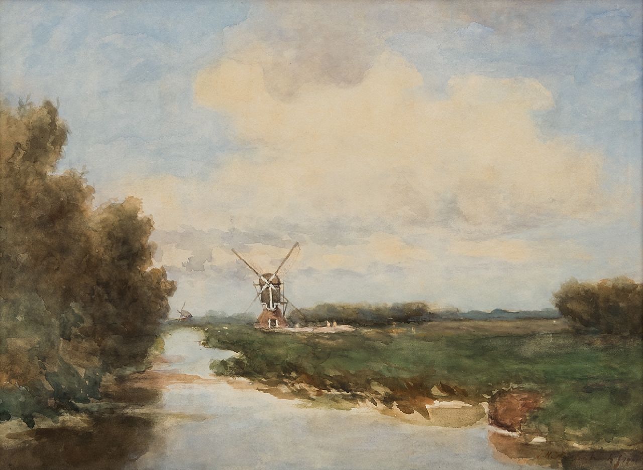 Weissenbruch H.J.  | Hendrik Johannes 'J.H.' Weissenbruch, The windmills De Oude Meije and Nieuwe Ziende mill in the polder Nieuwkoop en Noorden, watercolour on paper 45.2 x 60.4 cm, signed l.r. and dated 1901